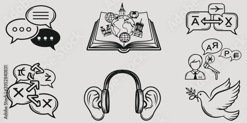 Foto Communication language icons set featuring speech bubbles open book with globe t