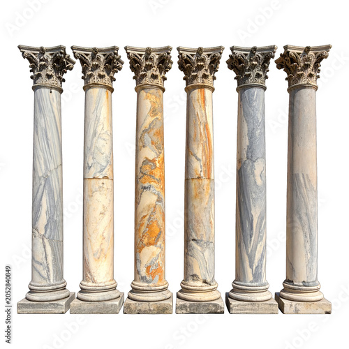 Columns made of polished marble stand in a row to represent classical architectural design elements.