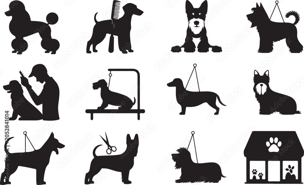 Obraz premium Black and white dog icons with grooming and accessories