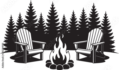 Photos Two adirondack chairs by a campfire in a forest