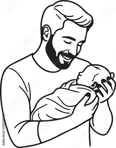 Modern vector illustration of a father gently holding his newborn baby with love and care, elegant black outline style, emotional family moment, white background, isolated vector design.