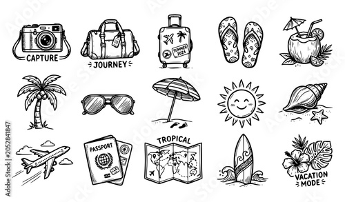 Photos Summer travel vacation doodle icon set camera suitcase and palm tree sketches