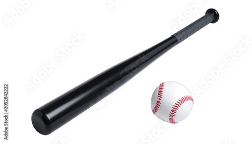 Baseball bat lies beside a white leather ball featuring distinct red lacing on a plain surface.