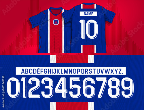 paris font, france font, Modern football jersey number font with slim geometric shapes and layered shadow details. Vector alphabet and numerals designed for sports apparel, uniforms