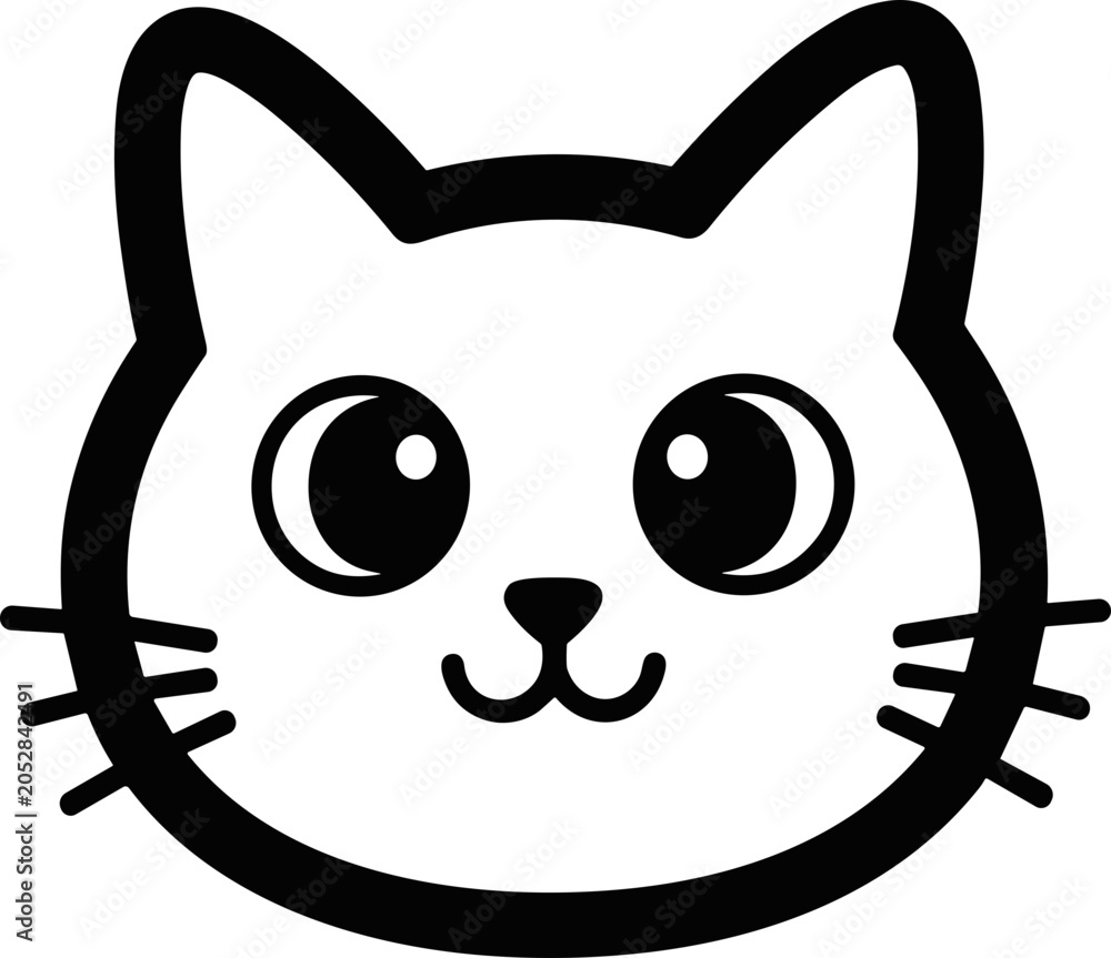 Fototapeta premium Cute Black and White Cat Face Icon, Simple Line Art, Kawaii Style, Vector Graphic