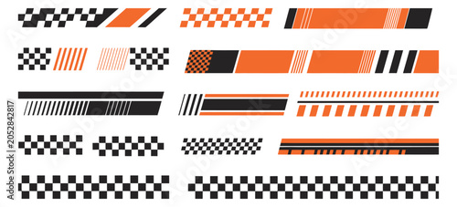 Racing car icon set with dynamic speed lines checkered flag motifs finish line symbols motocross racing labels automotive vector graphics