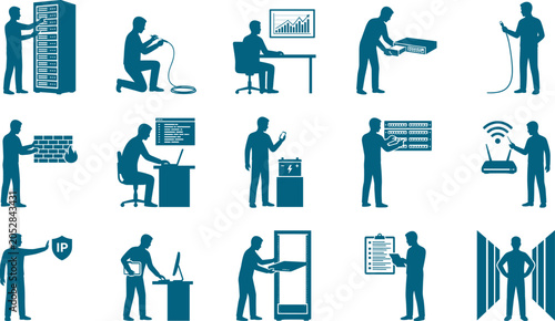 Information technology professional silhouette set showing technicians working on server racks and computer hardware