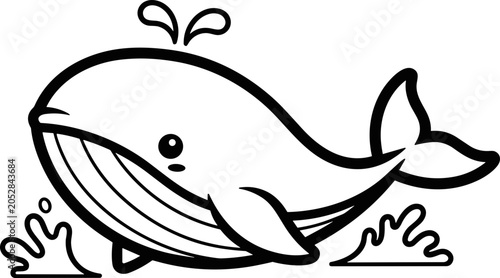 Fotografía Cute cartoon whale spouting water, simple illustration, black and white line art