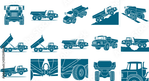 Articulated dump truck silhouette bundle showing heavy equipment in various industrial working positions
