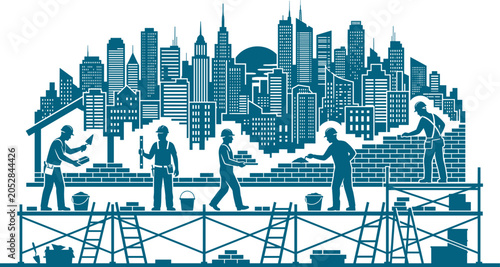 Construction workers building a brick structure against a large metropolitan city skyline background silhouette