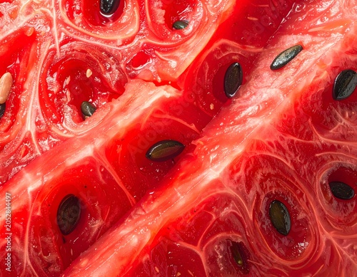 Macro texture of fresh sliced ripe watermelon pulp with black seeds