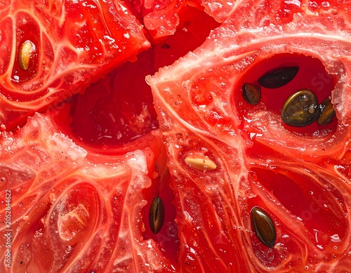 Macro texture of fresh sliced ripe watermelon pulp with black seeds
