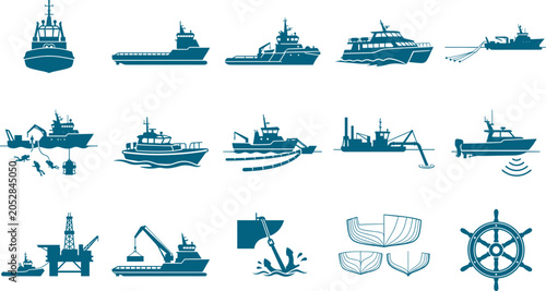 Industrial marine ship and nautical equipment silhouette bundle for maritime design projects