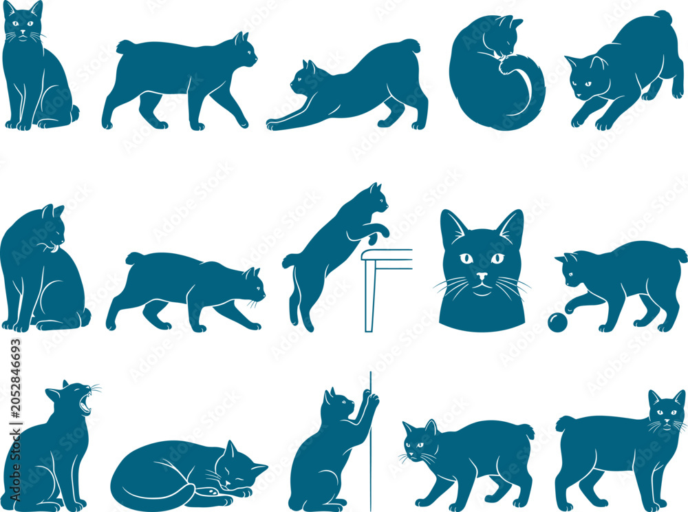 Fototapeta premium Bobtail cat silhouette set featuring various feline poses and active behaviors in a collection