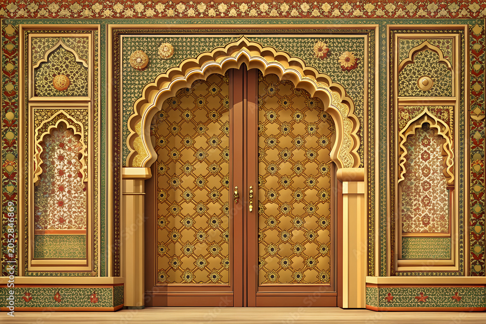 Obraz premium Royal Indian palace entrance door, traditional Rajasthani ornamentation, decorative brass details, minimalist vector illustration, flat design, precise outlines, premium architectural artwork