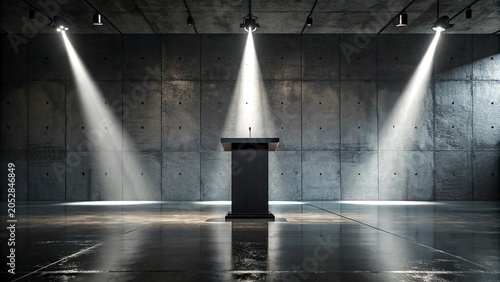 3D rendering of an empty podium in a dark room illuminated by spotlights.Golden abstract wavy liquid background. 3d render, 3d illustration.