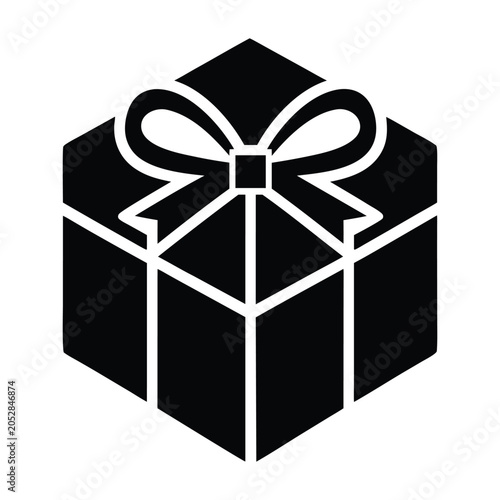Hexagon Gift Box with Ribbon Bow Black Vector Icon
