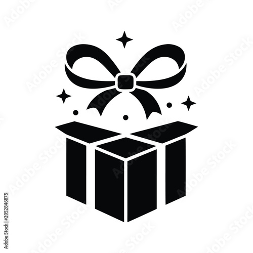 Open Gift Box with Sparkles and Ribbon Black Vector Icon