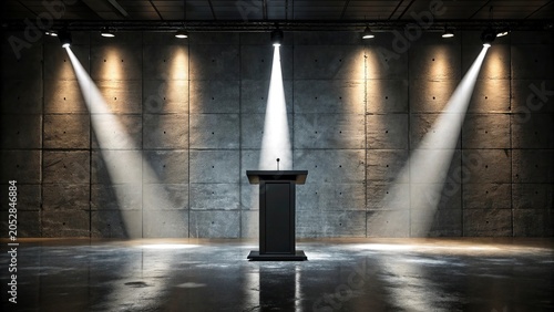 3D rendering of an empty podium in a dark room illuminated by spotlights.Golden abstract wavy liquid background. 3d render, 3d illustration.
