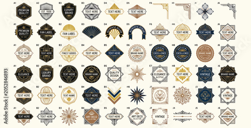 Art deco labels collection with gold and black badge designs for premium brand identity and styling.