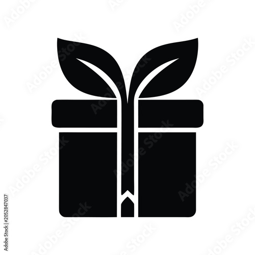 Eco Friendly Gift Box with Leaf Ribbon Black Vector Icon