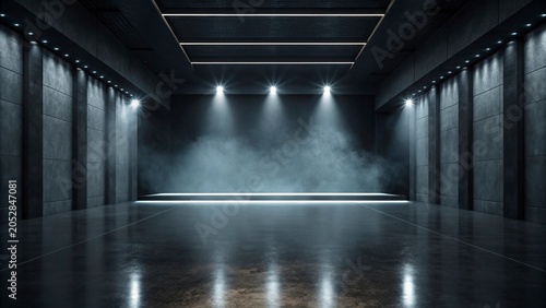3d rendering of an empty room with a concrete wall and floor,3D render of a stark, empty room with textured concrete walls and spotlights.