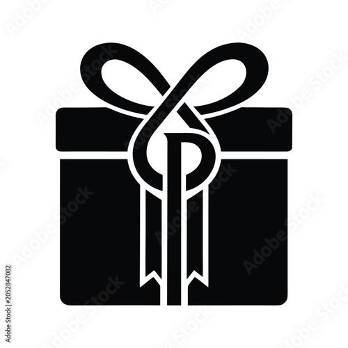 Elegant Ribbon Wrapped Gift Box Black Vector Icon