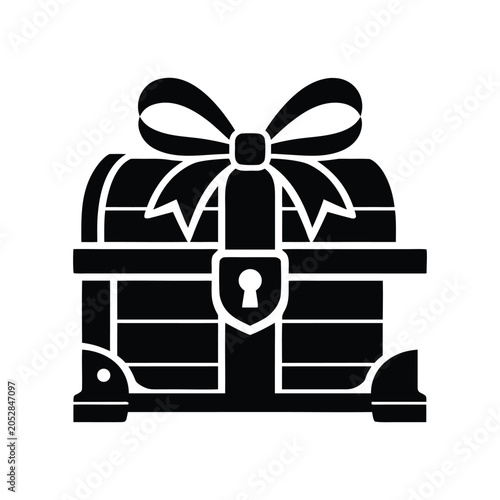 Treasure Chest Gift Box with Ribbon and Lock Black Vector Icon