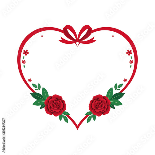 Red heart frame with roses and ribbon vector illustration on white background