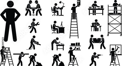 Photos Set of various professions and worker stick figure silhouette icons