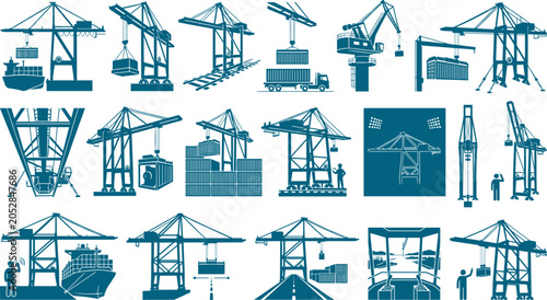 Industrial port crane bundle illustrating cargo shipping and container logistics operations at harbor