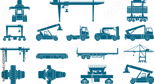 Logistics port machinery silhouette set including container cranes and heavy cargo handling equipment