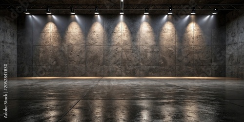 3d rendering of an empty room with a concrete wall and floor,3D render of a stark, empty room with textured concrete walls and spotlights.