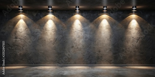 3d rendering of an empty room with a concrete wall and floor,3D render of a stark, empty room with textured concrete walls and spotlights.
