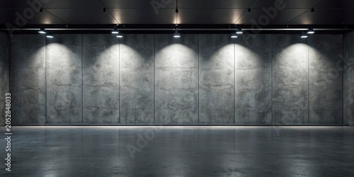 3d rendering of an empty room with a concrete wall and floor,3D render of a stark, empty room with textured concrete walls and spotlights.