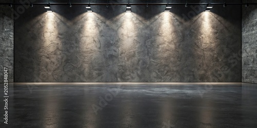 3d rendering of an empty room with a concrete wall and floor,3D render of a stark, empty room with textured concrete walls and spotlights.