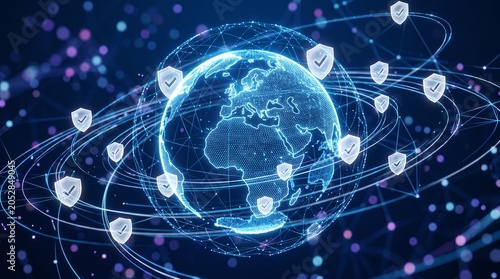 Digital globe with shield icons representing global cybersecurity