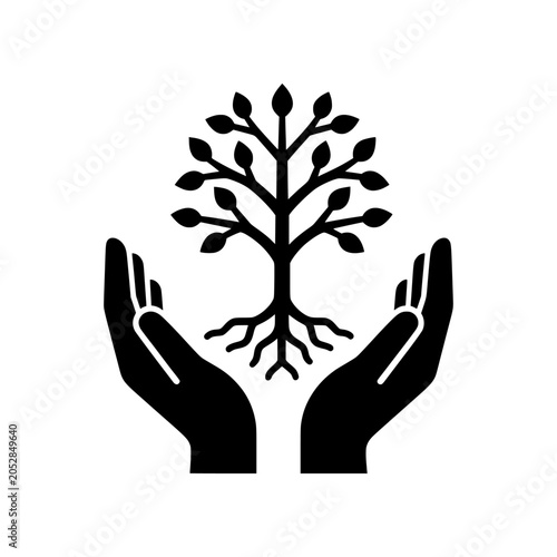 Quadro em tela Modern sustainability icon featuring protective hands holding a flourishing tree