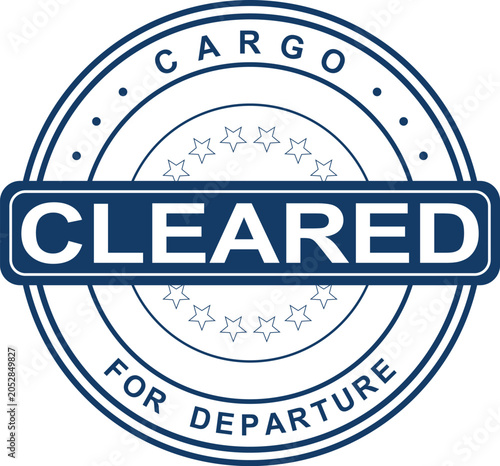 Obraz na plátně Blue rubber stamp displaying CARGO CLEARED FOR DEPARTURE with stars signifying r