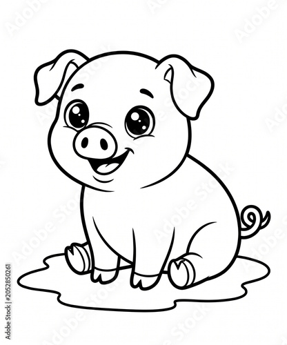Cute piglet line art sitting isolated on a transparent background for coloring page designs.