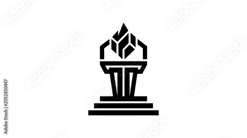 Minimalist black torch emblem with geometric flames and tiered base