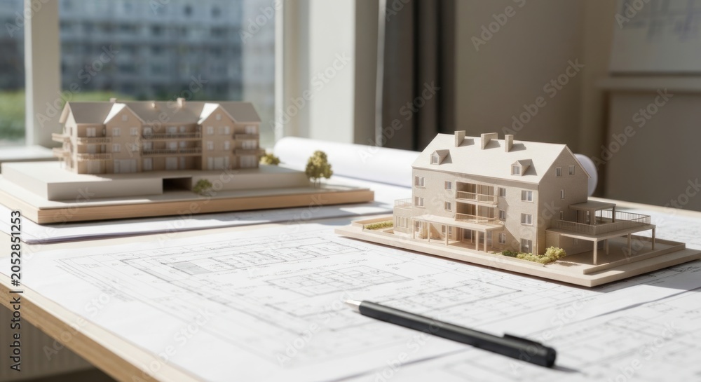 Fototapeta premium Architectural models sit on a desk beside building plans