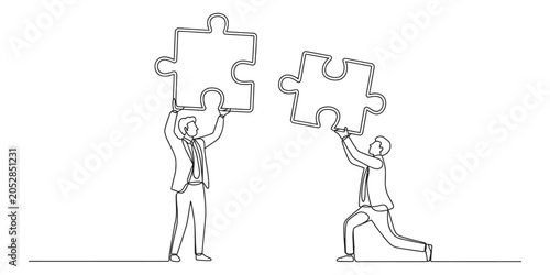 Fotografia Businessmen joining puzzle pieces together in a simple line art style