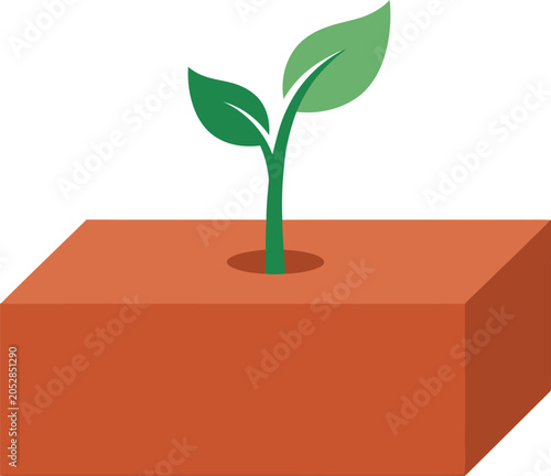 A green plant sprout growing out of a red rectangular block with a hole