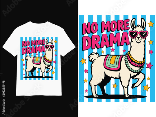 No More Drama Funny Llama Summer T Shirt Design Cute Cartoon Illustration Typography Tshirt Poster Mug Hoodie Quotes