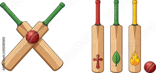 
Cricket Bat and Ball Icon Set with Crossed Bats and Colorful Decorated Bat Collection for Sports and Tournament Vector Design