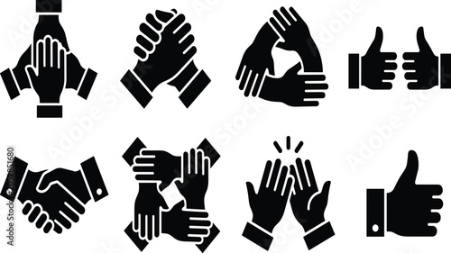 Minimalist teamwork hand gestures silhouette icons set including handshake, pile of hands, high five, thumbs up, and cooperative partnership unity.