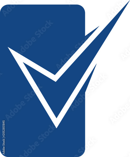 Blue and white checkmark logo on a with a rounded rectangular shape