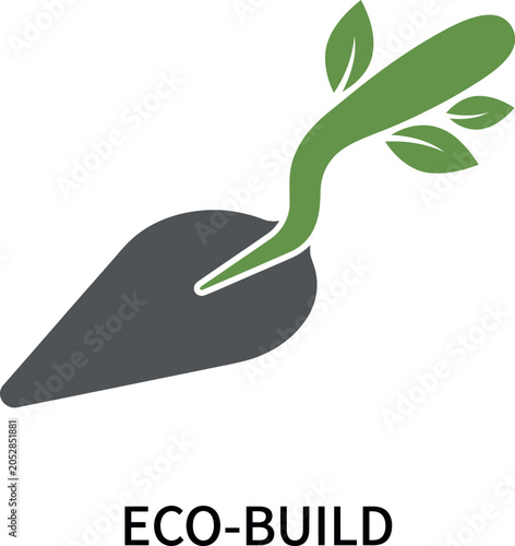 Eco build logo with green plant growing from gray shovel