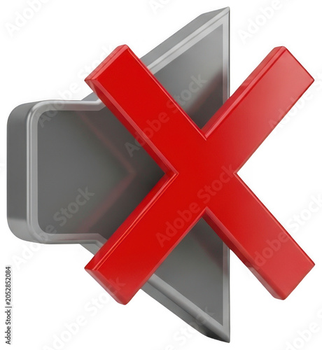 3D metallic silver mute speaker icon with a glossy red cross mark symbol isolated transparent background image